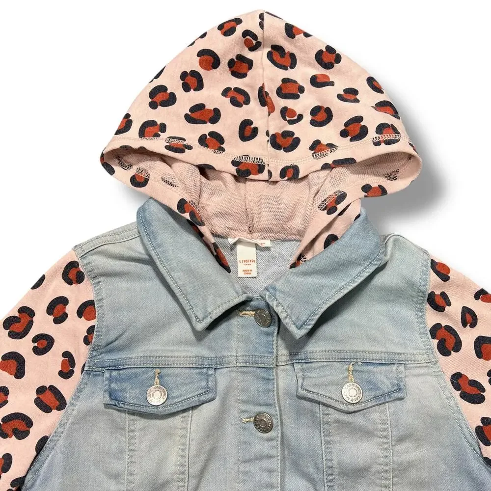 Cat & Jack Girls Denim Jean Jacket Hooded Long Sleeves Animal Print Hooded Large